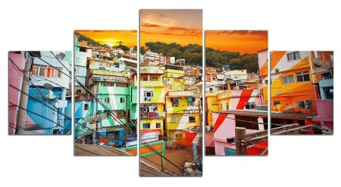 5 Stück Wandkunst Leinwanddrucke Favelas Rio De Janeiro Brasilien Bild Malerei Moderne gestreckt gerahmte Wand Kunstwerk für Badezimmer Home Office Decor (40x60cmx2 40x80cmx2 40x100cmx1)