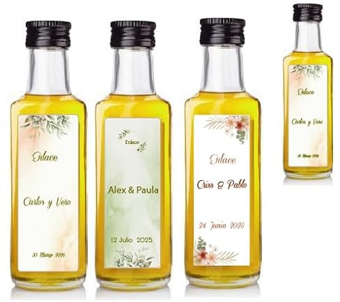 Aceite de Oliva Virgen extra Personalizada, Botellas Personalizadas, Regalos Orginales, Aceite Personalizado, regalo eventos, regalo bodas, Botellas 20 ml, mini botellas (50)