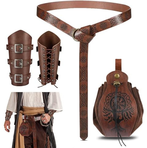 RISAKOGO Mittelalter Kleidung für Damen Herren Accessoires Set, Mittelalter GüRtel,Mittelalter Armschienen,Kunstleder Gürtelbeutel für Wikinger Piraten Hexe Ritter Renaissance Kostüm