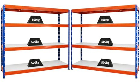 PROREGAL Mega Deal | 2X Profi Schwerlastregal Rhino | HxBxT 180x200x60cm | 4 Melamin-Ebenen 16mm | Fachlast 500kg | Blau-Orange | Garagenregal Lagerregal Steckregal Weitspannregal