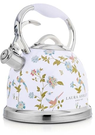 Laura Ashley Elveden White Stainless Steel 3L Stove Top Kettle. Fast Boil Whistling Kettle for Gas Hob, Induction Hob. Silicon Coated Cool Handle Gas Stove Camping Kettle. Compatible with Aga Stove
