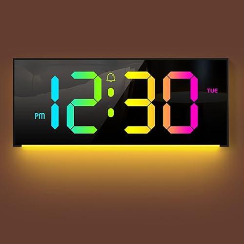 Digital Wall Clock Large Display, Alarm Clock with 12 RGB Colors Changing Remote Control, 13 LED Clocks with Night Lights for Living Room Bedroom Office Home Decor