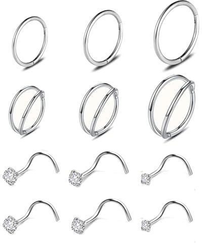 Lucktao12 Stück nasenpiercing,nostril piercing,nasenring piercing,helix piercing Nasenring,mit Zirconia L-Form nasen piercing,Hoop Nose Ring,für Damen Herren,316L Edelstahl,Nasenpiercing Set.