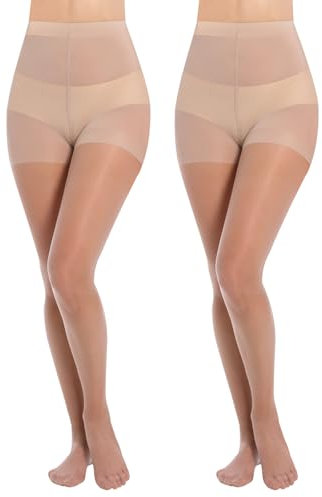 MANZI Sheer Tights for Women Tummy Control Top Ladder Resist Tights 2 Pairs,Natural Nude M