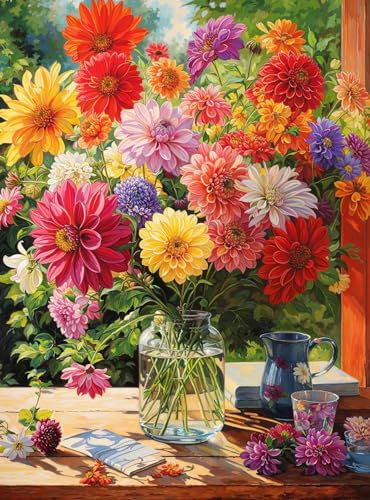 Cross & Glory - Rainbow Dahlia Delight - 1000 Piece Jigsaw Puzzle for Adults | Vibrant Flower Collection | Satin Finish | Challenging & Colorful Art