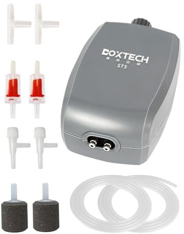 boxtech Pompe à Air pour Aquarium, Kit de Pompe à oxygène Puissant, réglable et à Double Sortie pour Aquarium avec Tuyau d'air, Pierre à Bulles, clapet Anti-Retour (3.5W)