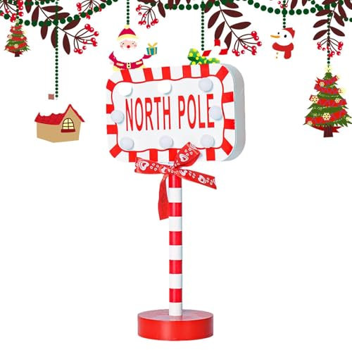 Neamou Santa Stop Here Sign,LED Garden Light, Light Up Stop Sign - Desk Lamp Stop Sign Christmas Ornament Vertical Outdoor Lighted Sign For Patio, Yard