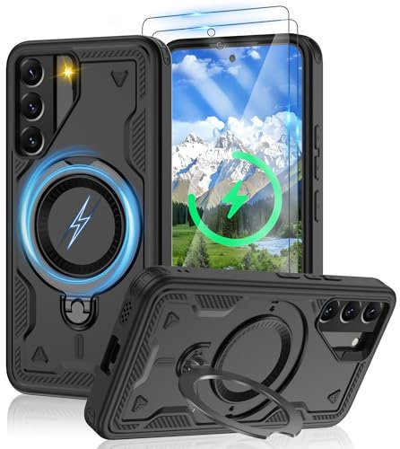 Jshru Magnetische Handyhülle für Samsung Galaxy S22 Hülle Kompatibel mit MagSafe,2Stk HD-Schutzfolie,Eingebauter Ständer Case Stoßfeste Schutzhülle für Samsung Galaxy S22,Schwarz