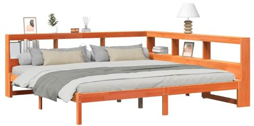 vidaXL Massivholzbett mit Regal ohne Matratze Wachsbraun 180x200 cm, Holzbett mit Regal, Massivholzbett mit Regal, Bett, Holzbett mit Bücherregal