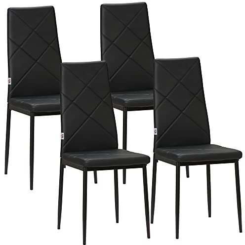 HOMCOM Chaise Salle à Manger Lot de 4, Chaise de Cuisine Moderne avec Dossier Haut, siège rembourré, revêtement synthétique et Pieds en Acier, pour Salon, Salle à Manger, Noir