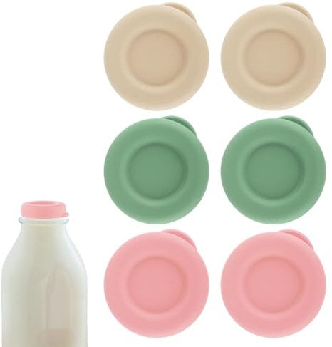 Tinoaly 6pcs Glass Milk Bottle Caps, 48mm Silicone Replacement Caps, Modern, Dark Green, Off-White, Pink, Dishwasher & Microwave Safe, Round, Milk Bottle Lids