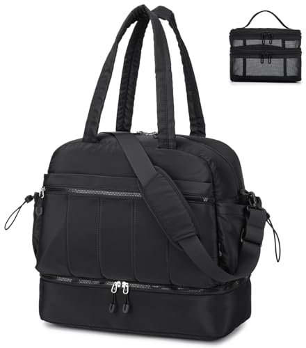 BAGZY Reisetasche Handgepäck 40x35x20 EasyJet Lufthansa Groß Puffer Bag 33L Handgepäck Tasche Travel Duffle Bag Sporttaschen Weekender Mommy Kliniktasche mit Nassfach Schuhtasche für Flugzeug Schwarz