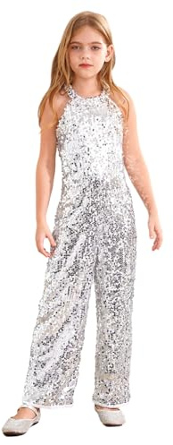 Fldy Mädchen Glitzer Pailletten Jumpsuit Ärmellos Festlich Overall Lang Kinder Metallic Weite Beine Hose Für Party Cocktail Abend Weihnachten Silber 134-140