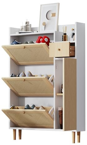 BTM Schuhschrank, Rattan Holz Schuhkipper mit 3 Klappen & Schublade & Tür & Massivholzbeinen, 90x17x125cm, Natur