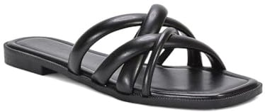 ESSEX GLAM Women's Strappy Flat Sandal Ladies Comfy Holiday Casual Open Toe Synthetic Leather Mule Slider Size 3-8
