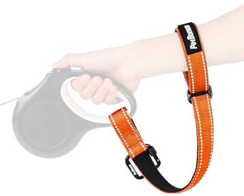 PetBonus Dog Leash Wrist Strap with Lockable Clip for Dog Retractable Leash | Adjustable Soft Padded Handle, Reflective, Escape Proof, Heavy Duty, Extra Layer Security for Pet Stroller, Orange