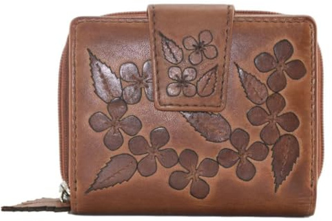 Wild Bloom Floral Tab Purse By Mala Leather – Genuine Tan Leather Wallet with Appliqué Flowers – RFID Protection, 4 Card Slots, ID Windows & Coin Pocket – 10.5 x 8 x 3 cm (Tan)