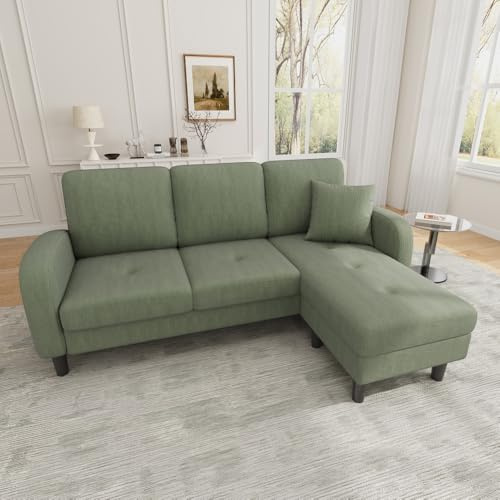Cayipng L-förmiges Ecksofa mit Chaiselongue, 3-Sitzer-Sofa, 166 x 118 x 77 cm, atmungsaktives Baumwoll-Leinen-Gewebe, Kunststoffbeine, modulares Design, ideal für Wohnzimmer (Grün)