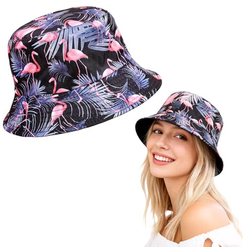 Xerteam Flamingo Fischerhut Hut, 2 in 1 Fischerhut Damen Herren, Sonnenhut Bucket Hat Anglerhut, Wendbares Fischerhüte für Strand Hawaii Alltag Partys