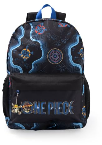 One Piece Unisex Kids Black Blue Backpack | Skull Map Graphic School Bag with Front Zip Pocket & Padded Straps | Mesh Side Pockets Carry Handle | Anime Merch