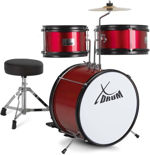 XDrum Junior KIDS Schlagzeug inkl. Schule - Kompaktes Kinderschlagzeug - Für Kinder im Alter von 3-5 Jahren - Kinderleichter Aufbau - Mit Schule, Hocker, Drumsticks & Stimmschlüssel - Rot