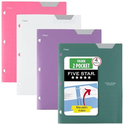 Five Star 2-Pocket Folder, 4 Pack, Plastic Folder with Stay-Put Tabs, Fits 3-Ring Binder, Holds 8-1/2 x 11 Paper, Tidewater Blue, White, Amethyst Purple, Harvest Yellow (38065)