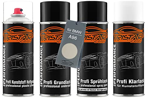 TRISTARcolor Ensemble de bombes de peinture Peinture voiture pour plastique pour BMW A96 Mineralweiss Perl apprêt adhérent, peinture de base, vernis transparent avec assouplissant
