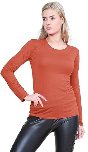 janisramone® Long Sleeve T Shirts Women, Plain Round Neck Breathable Basic Summer Tops for Women UK, Stretchy Slim Fitted Going Out Tops Rust