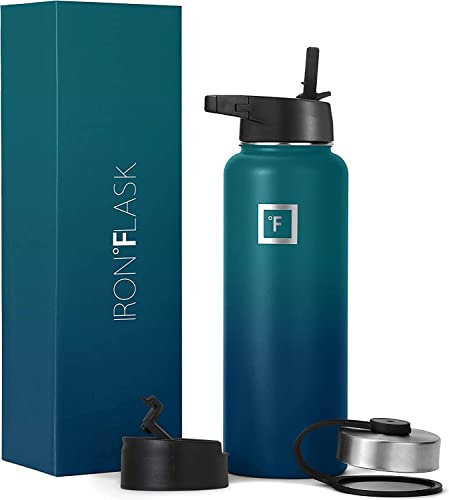 Iron Flask Bouteille d'eau de sport - 22 oz, 3 couvercles (couvercle en paille), acier inoxydable isolé sous vide, chaud froid, moderne à double paroi, tasse thermo simple, nuit noire