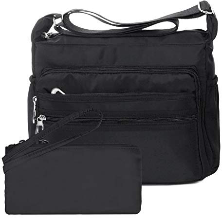 NOTAG Sac Bandouliere Femme, Impermeable Nylon Sac Messenger Multi-Poches Sac à Main avec RFID Portefeuille (L, Noir)