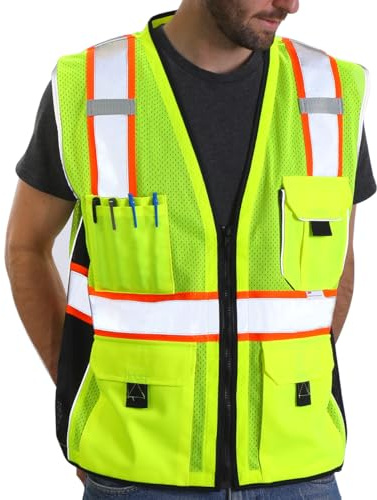 Dib Safety Reflective Vest Yellow Mesh, High Visibility Vest with Pockets and Zipper, ANSI Class 2 Heavy Duty, Made with 3M Reflective Tape, M