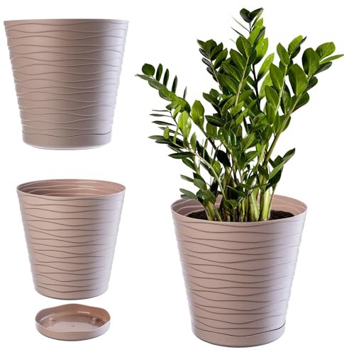 KADAX Blumentopf mit Untersetzer, Pflanzkübel für Innen, Leichter Blumenkübel, Pflanztopf aus Kunststoff, runder Übertopf für Blumen, Pflanzen, Haus, Pflanzgefäß (13cm, Beige)