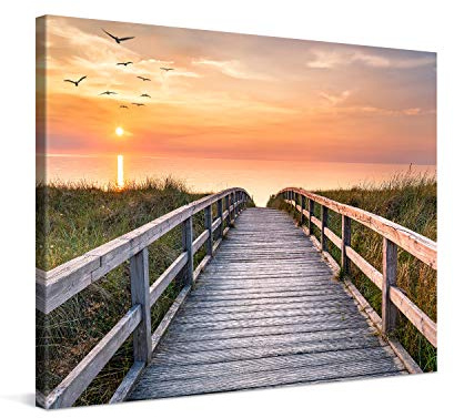 PICANOVA – Bild auf Leinwand Holzweg zum Meer 80x60cm – Leinwandbild – Premium Leinwanddruck – Wandbild Kunstdruck Auf 2cm Holz-Keilrahmen Wohnzimmer Wanddekoration – Strand