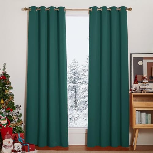 PONY DANCE Thermovorhang Hitzeschutz Wohnzimmer Gardinen mit Ösen Abdunklungsvorhang 2er Set H 220 x B 140 cm Dunkelgrüne Vorhänge Blickdicht Blackout Curtains for Bedroom