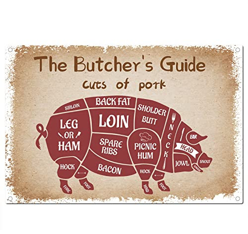 CREATCABIN Butcher Guide Signs Tin Plate Cuts of Pork Butcher's Guide Pig Funny Animal Metal Sign Vintage Kitchen Plaque Retro Decorations for Family Home Restaurant Wall Decor, 8x12Inch