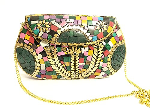 Clutch-Geldbörse mit mehrfarbigem Blumenmuster, minimalistisches Mosaik-Design, Vintage, kunstvolle indische Bohemian-Tasche, Hochzeit, Braut, Perlmutt