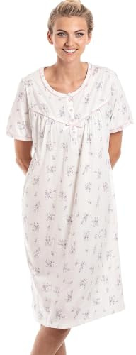 Camille 100% Cotton Short Sleeved Women's Nightie, Knee Length Nightdress | Comfortable & Breathable Traditional Nighty With Buttons, Classic Nightwear with Short Sleeves