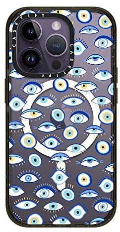 Casetify Impact iPhone 14 Pro Hülle [4X Falltest in Militärqualität / Fallschutz 2,5m / Magsafe kompatibel] - Blaue Augen - Schwarz glänzend