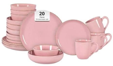 HomeVSS 20-teiliges Geschirrset – für 4 Personen, glänzend rosa glasierte Teller und Schüsseln mit Sprenkeleffekt | Mikrowellen- und spülmaschinengeeignet