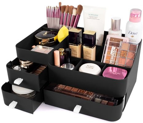 Makeup Organizer for Vanity, Large Countertop Organizer with Drawers, Cosmetics Storage for Skin Care, Brushes, Eyeshadow, Lotions, Lipstick,Nail Polish.Great for Dresser, Bathroom, Bedroom, Black