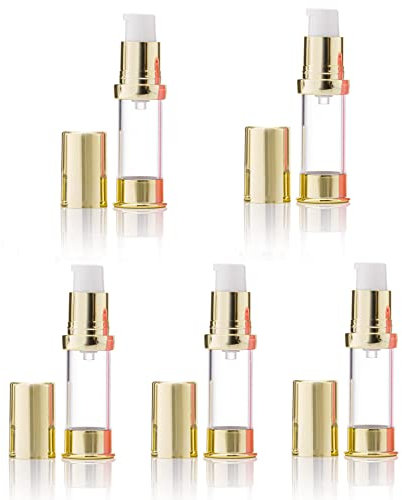 Airless Pump Bottles Pack of 5 empty Plastic Pump Travel Bottle Lotion Dispenser foundation cream gel cosmetics (Gold 7.5ml)