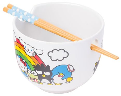 Silver Buffalo Sanrio Hello Kitty and Friends Bol à riz en céramique avec baguettes Chococat, Pompompurin, My Melody, Keroppi, Badtz-Maru, Tuxedo Sam, Cinnamoroll 590 ml