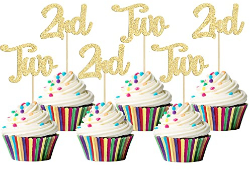 Gyufise 24Pcs 2nd Birthday Cupcake Toppers Glitter Second Birthday Two Cupcake Picks for Baby Shower 2nd Birthday Anniversary Party Cake Decorations Supplies Gold (UKZN0603-2-G)