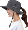 KorhLeoh Women's Outdoor UV-Protection-Foldable Sun-Hats Mesh Wide-Brim Beach Fishing Hat with Ponytail-Hole Grey