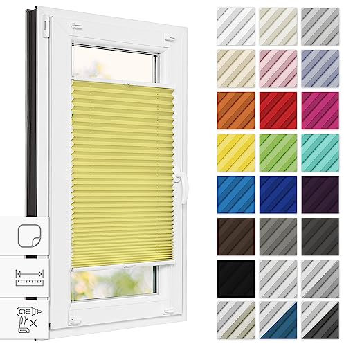 Estika Plissee zum Kleben 90 cm x 100 cm - Gelb - Ohne Bohren, Rollos für Fenster, Jalousien für Innen, Raffrollo