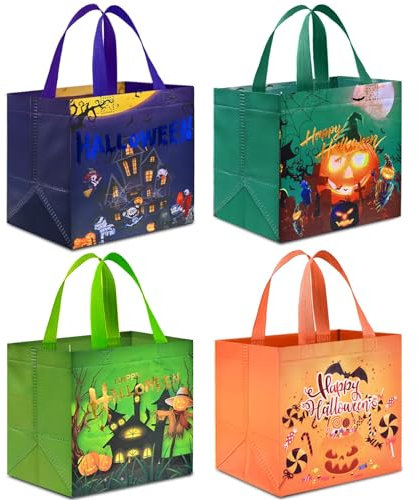 AhfuLife Halloween Geschenktüte Tasche, 4 Stk Süßigkeit Süßes mit Griffen für Trick or Treat, Partyzubehör Eimer Beutel, Non Woven Tüten Deko Kinderparty
