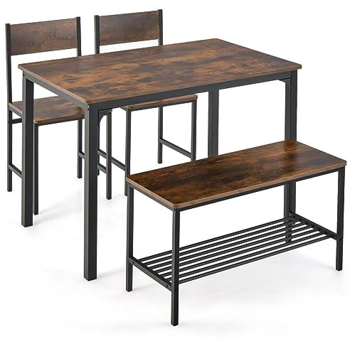 GiantexUK Dining Table and 2 Chairs with Bench, 4PCS Wooden Dining Room Set with Storage Rack, Space Saving 4-Seater Kitchen Table Set Furniture for Home Dining Living Room (Rustic Brown)