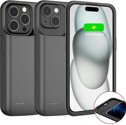 JCK Battery Cover for iPhone 15 Pro iPhone 15 7000 mAh Rechargeable Power Bank Cover for iPhone 15/15 Pro Charger Extended Battery Cover Support Apple Pay, CarPlay, BX12 6.1 Inch Black