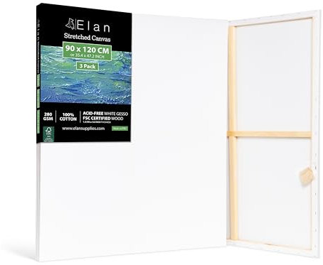 Elan Toile Peinture 90x120, Lot de 3 Toiles à Peindre 100% Coton, 280GSM Canvas Painting 90x120, Toile à Peindre Grand Format, Canvas 120x90