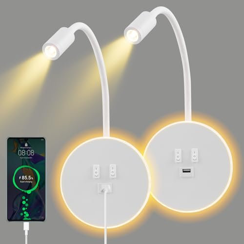 Weigudoc Lampada da Parete a LED Lampada a Collo di Cigno Flessibile, 2 Pezzi Faretto da Lettura a Muro 3W + 9W, Applique da Letto con Porta di Ricarica e Interruttore (Bianco)